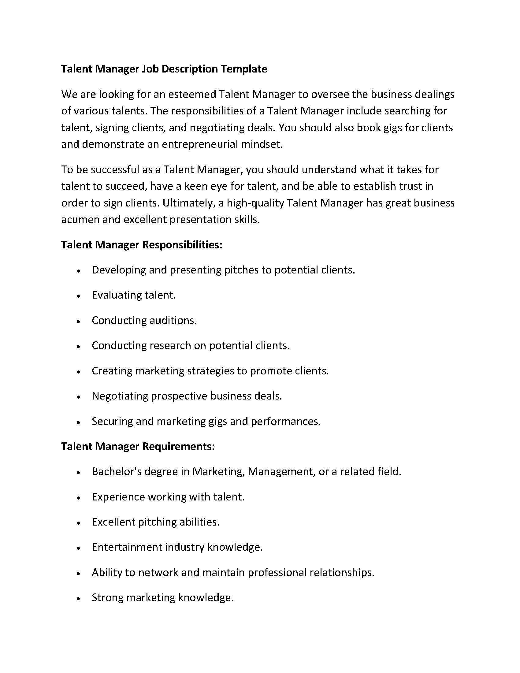 Talent Manager Job Description Template
